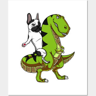 French Bulldog Riding T-Rex Dinosaur Posters and Art